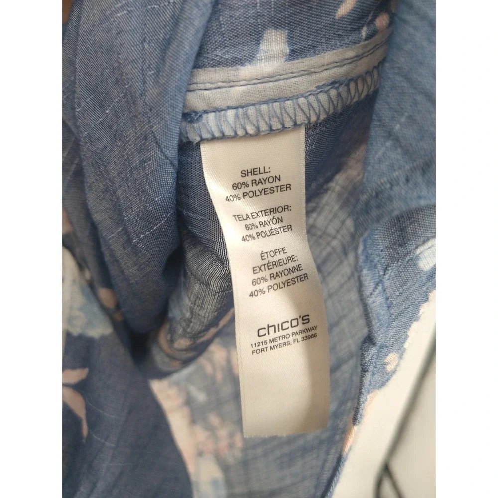 Chico's Blouse Top 1 M Floral Print Button Front‎ Tab Sleeve Boho Blue Peach
